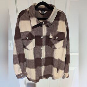 Woolx merino wool Brown and Cream Plaid Button-Up shacket jacket 1x